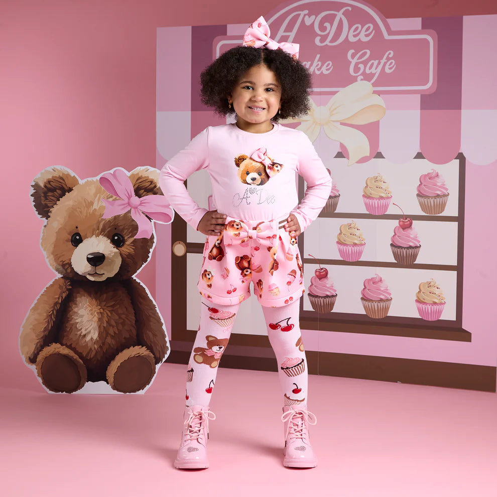A Dee girls teddy bear pink tights with teddy, cupcake and cherry print