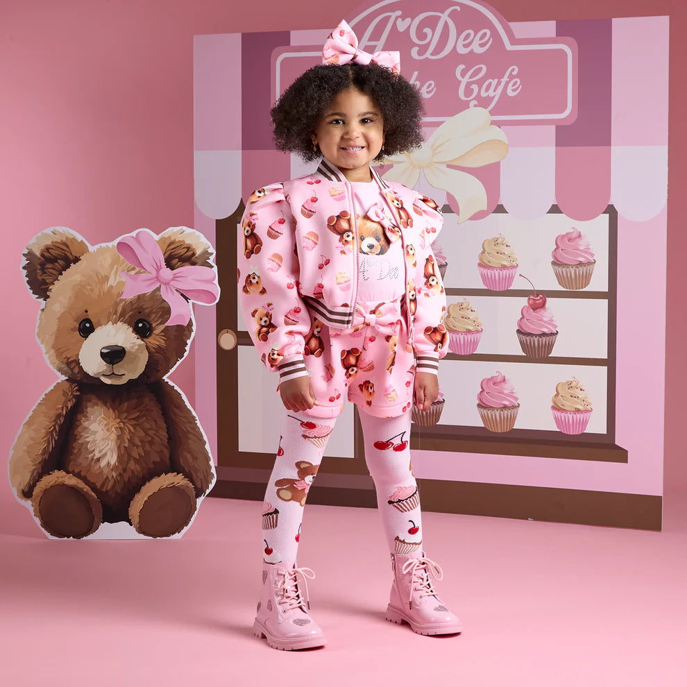 Dee Maya girls two-piece outfit – teddy top with teddy bear bakery printed shorts and matching tights