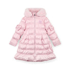 A Dee Montana girls pink long metallic padded jacket – front view with faux-fur hood