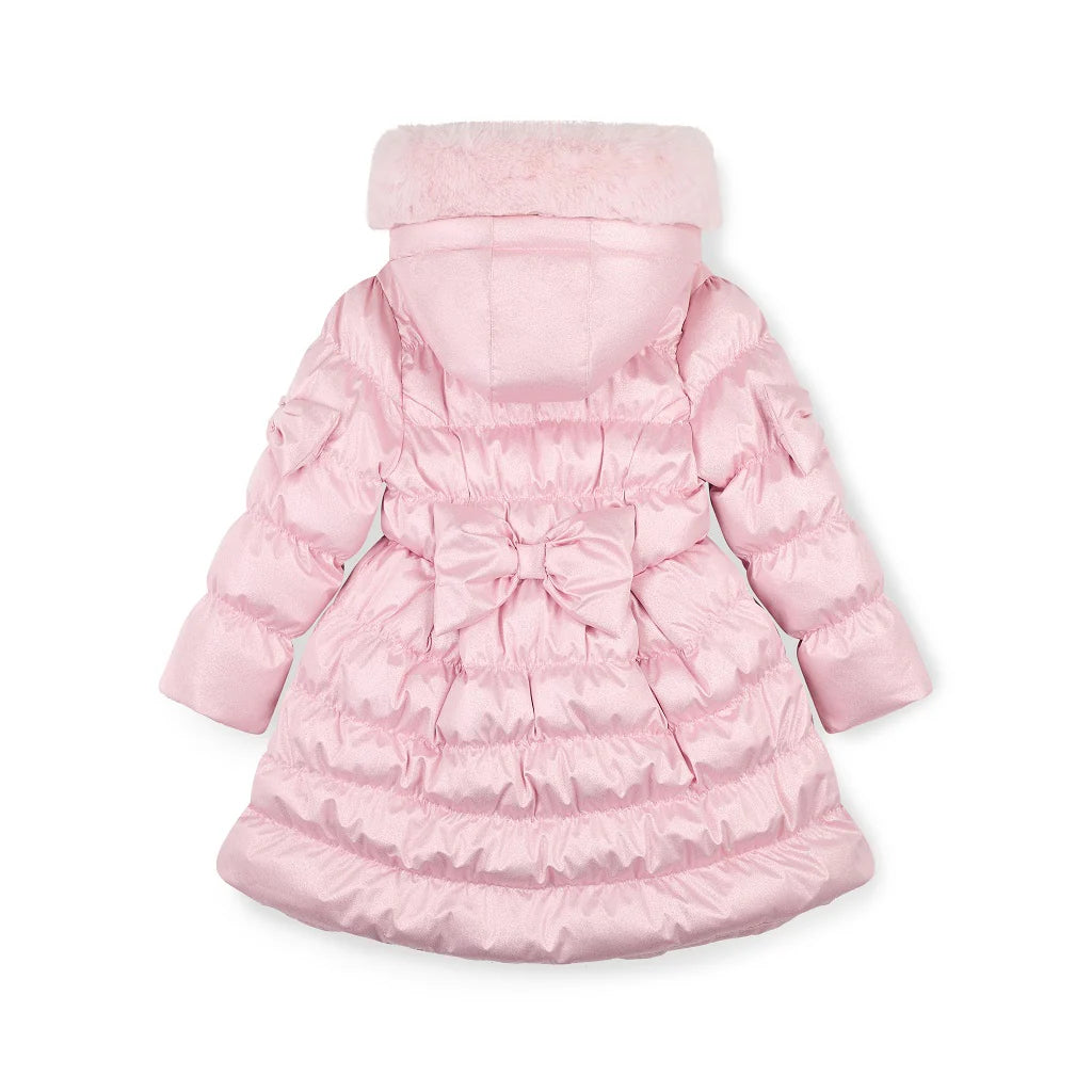 Dee Montana girls pink long padded coat – back view with waist bow and hood