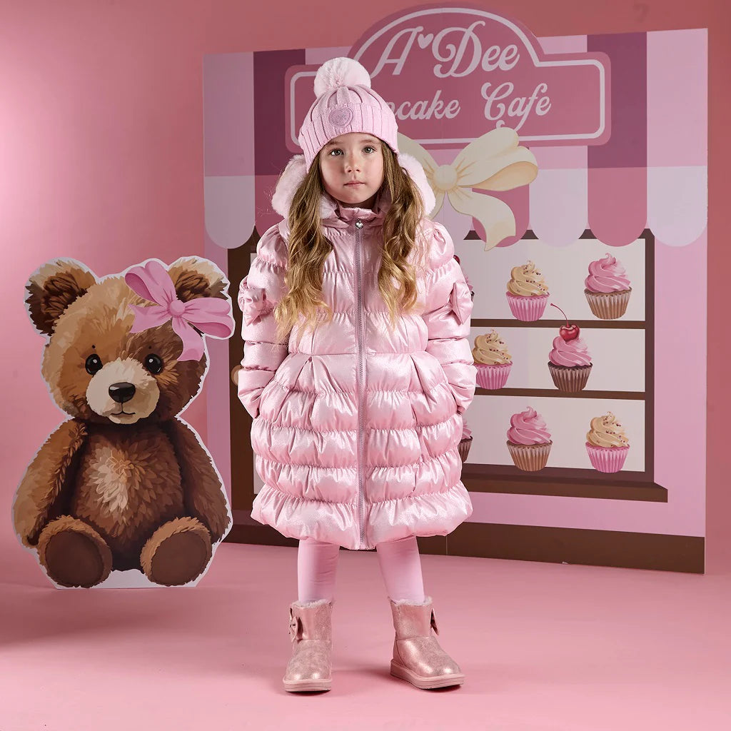 A Dee Montana girls winter coat – pink padded puffer, front zip and badge