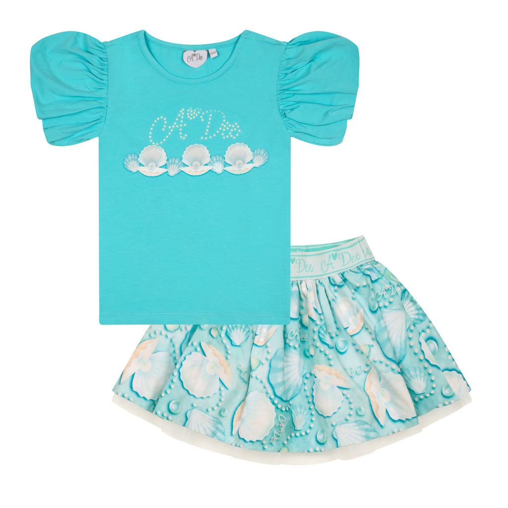 A Dee Girls Olive Turquoise  Pearl Print Skirt Set
