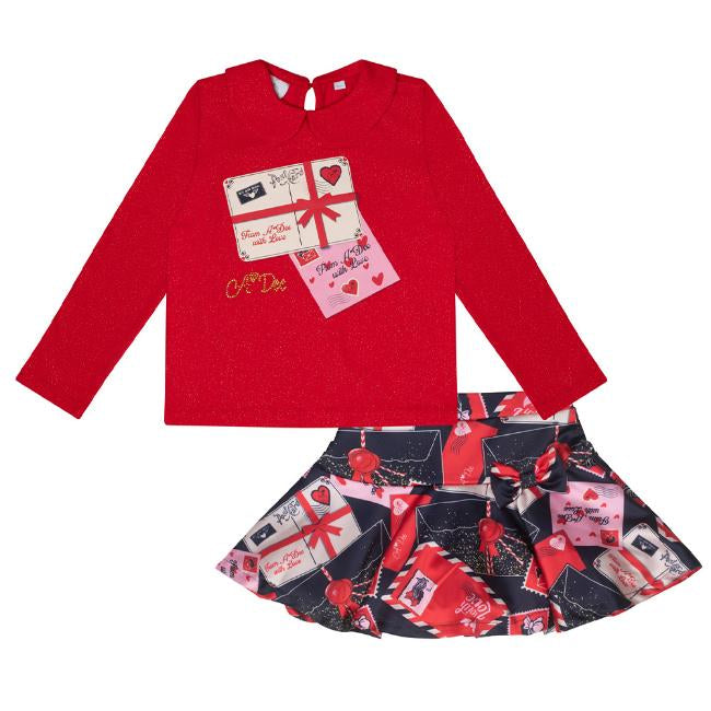 A Dee Girls Roxy Red & Navy Envelope Print Skirt Set