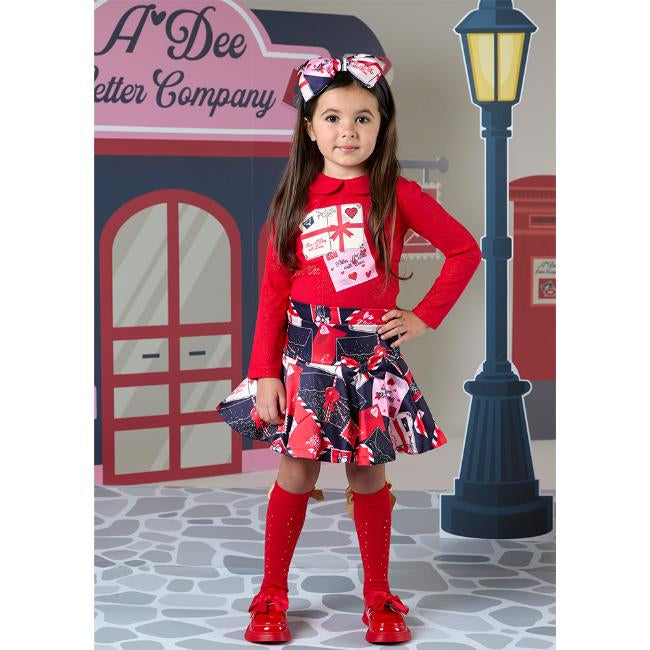 A Dee Roxy Red & Navy Envelope Print Skirt Top & Skirt for Girls Set