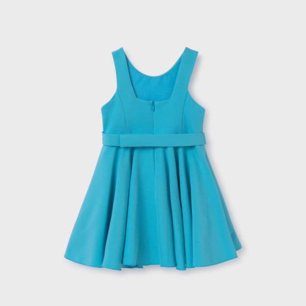 Abel & Lula Girls Turquoise Crepe  Floral Apllique Dress from The back