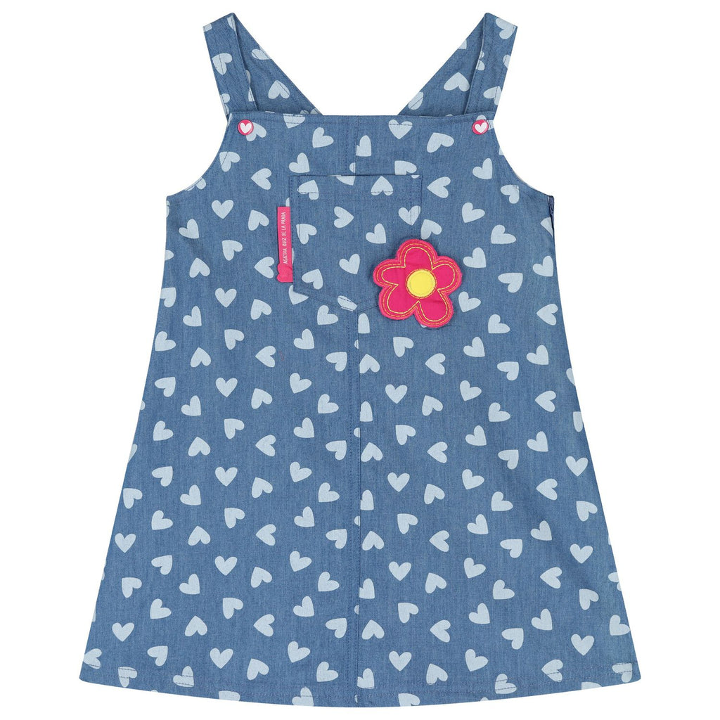Summer baby girl pinafore dress in soft denim with heart design and pocket detailing by Agatha Ruiz de la Prada