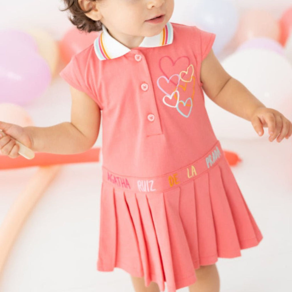 Coral cotton polo dress for girls with heart buttons and multicoloured trim – Agatha Ruiz de la Pra