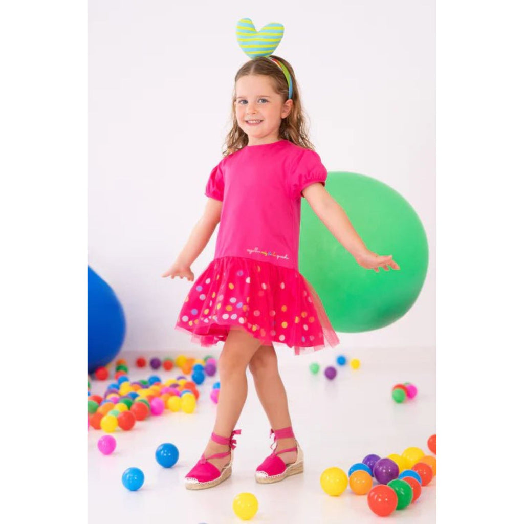 Agatha Ruiz de la Prada girls vibrant pink cotton dress with playful tulle skirt and rainbow polka dots – perfect for summer parties