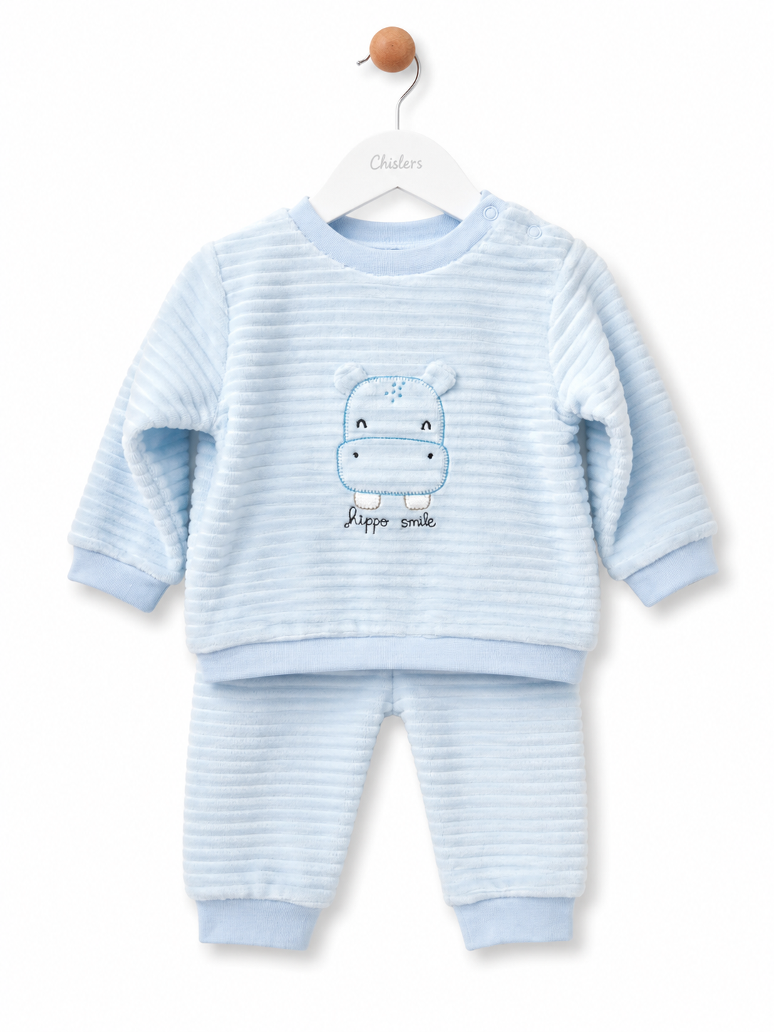 Babybol baby boys cute blue hippo 2 piece outfit set front view