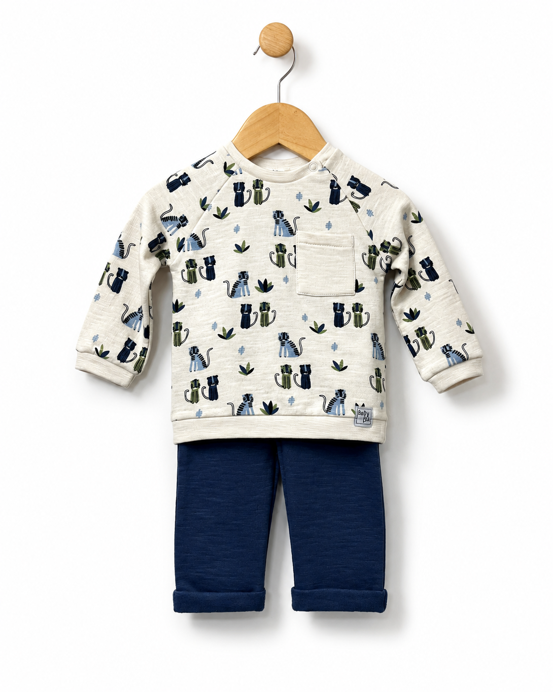 Babybol baby boys cream cat print top and navy trousers set front view