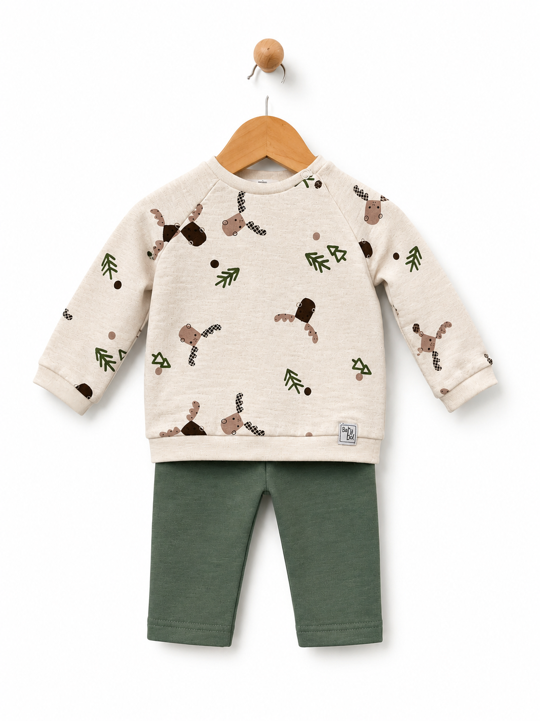 Babybol Cream woodland animal sweatshirt with green baby trousers