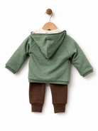 Babybol baby boys three-piece outfit set with sage green hooded jacket and brown joggers, back view.