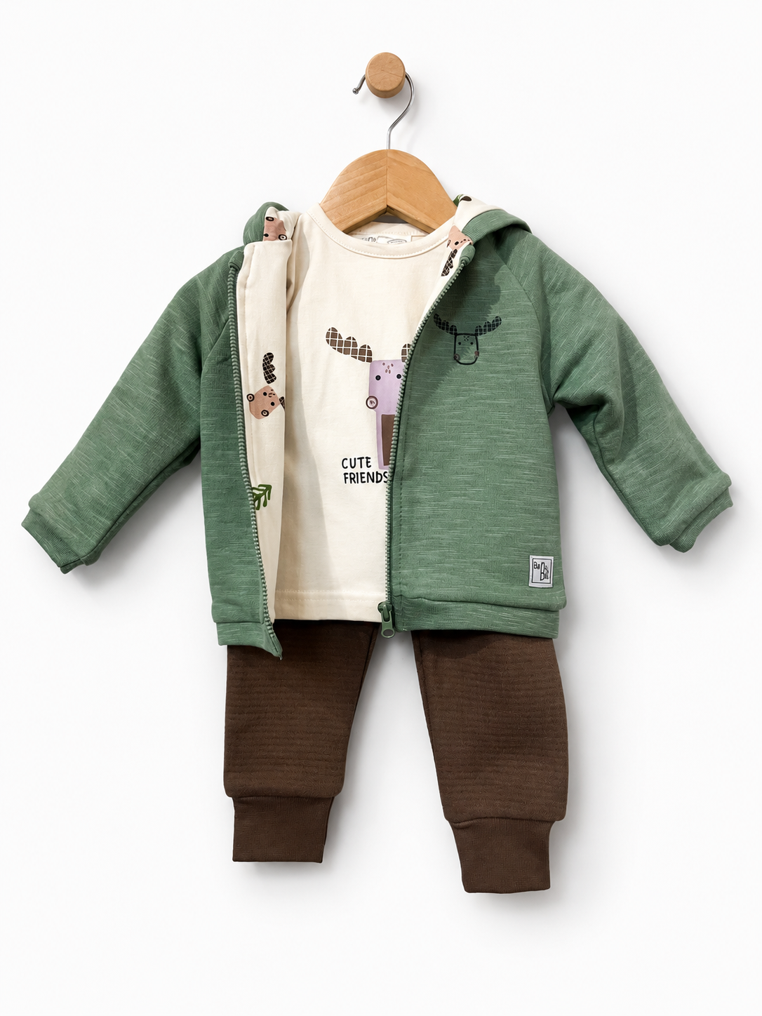 Babybol baby boys three-piece outfit set with sage green hooded jacket, cream animal print top and brown joggers