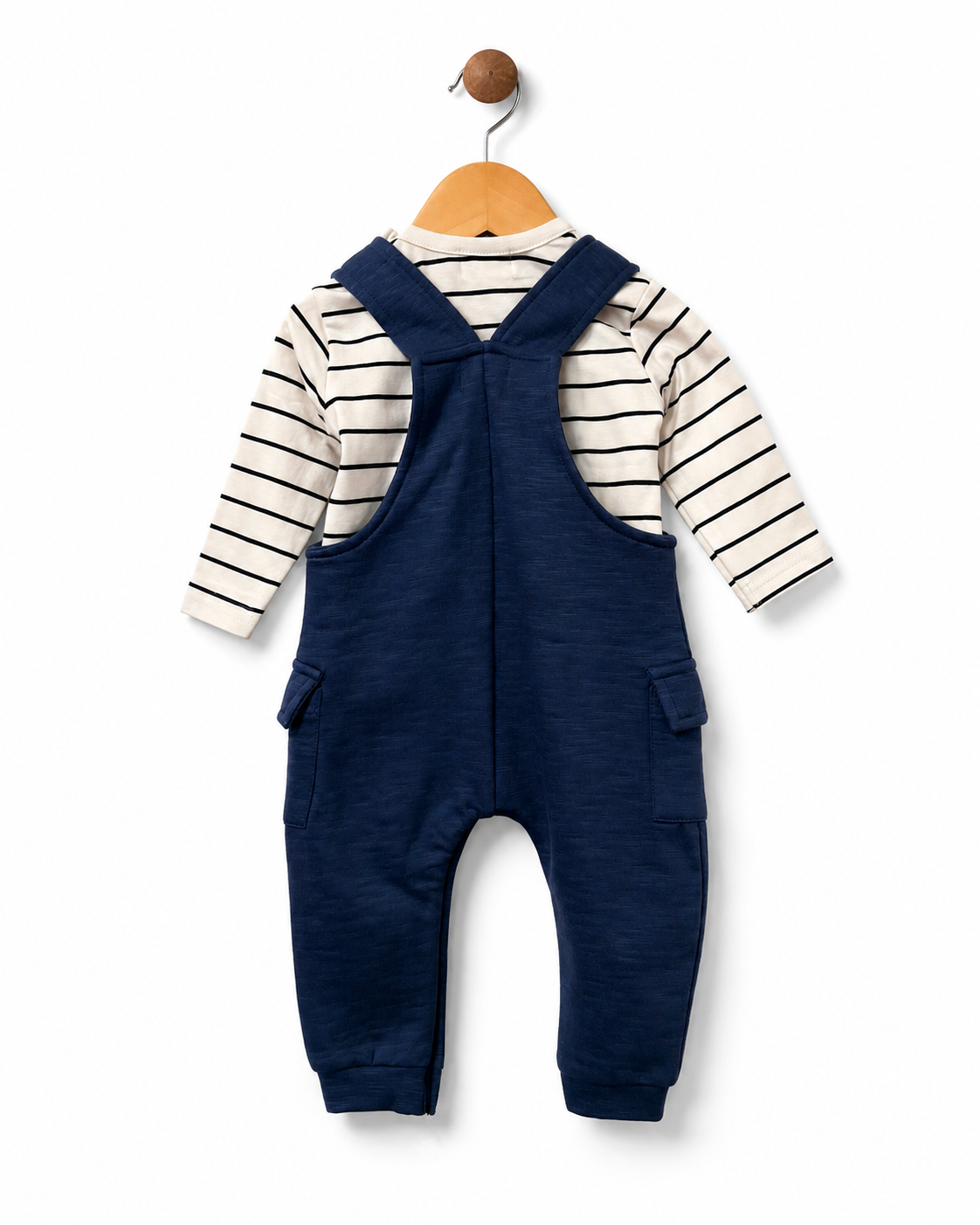     Back view of Babybol baby boy navy dungaree outfit set