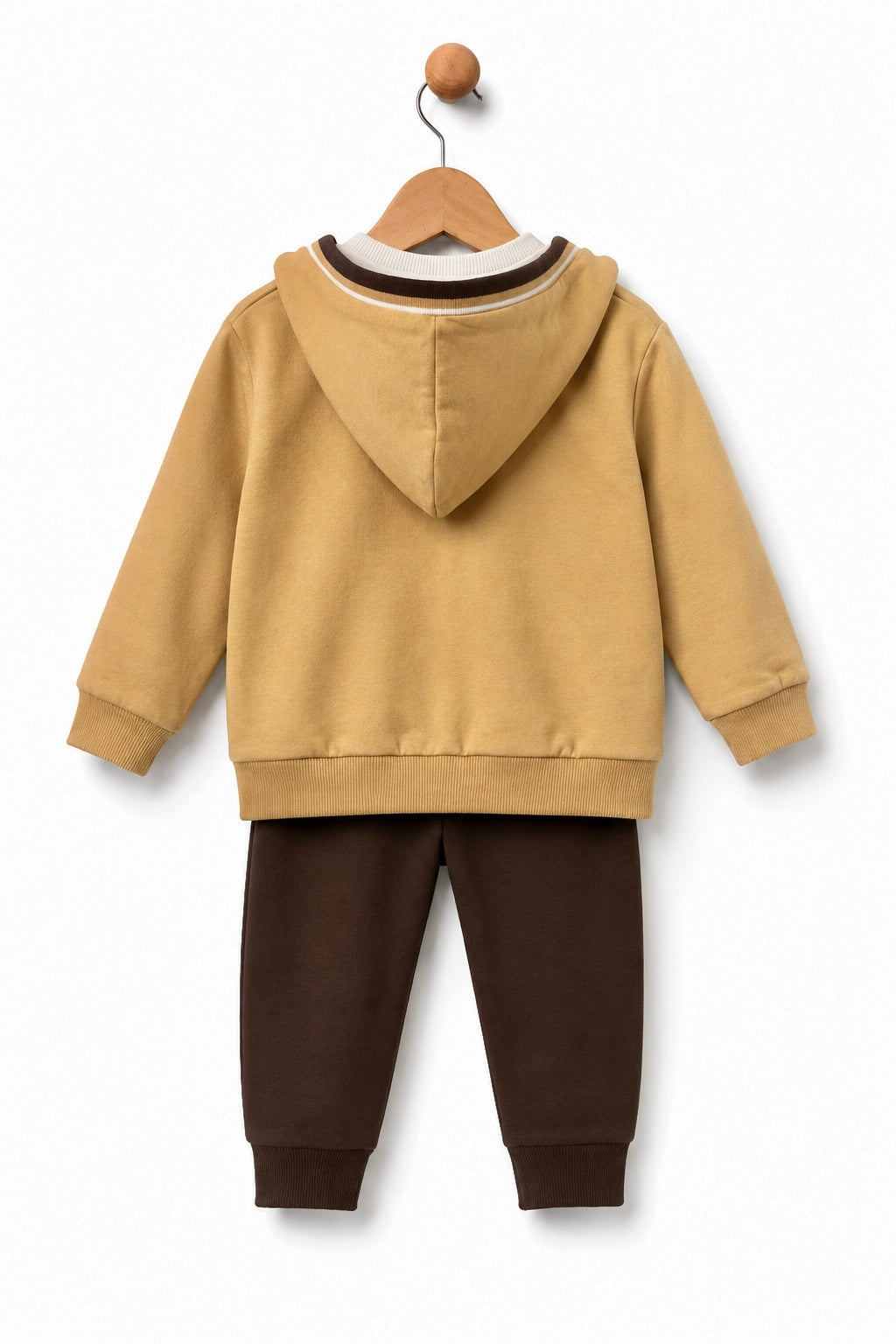 Back view of Babybol baby boys mustard hooded jacket and brown joggers outfit set