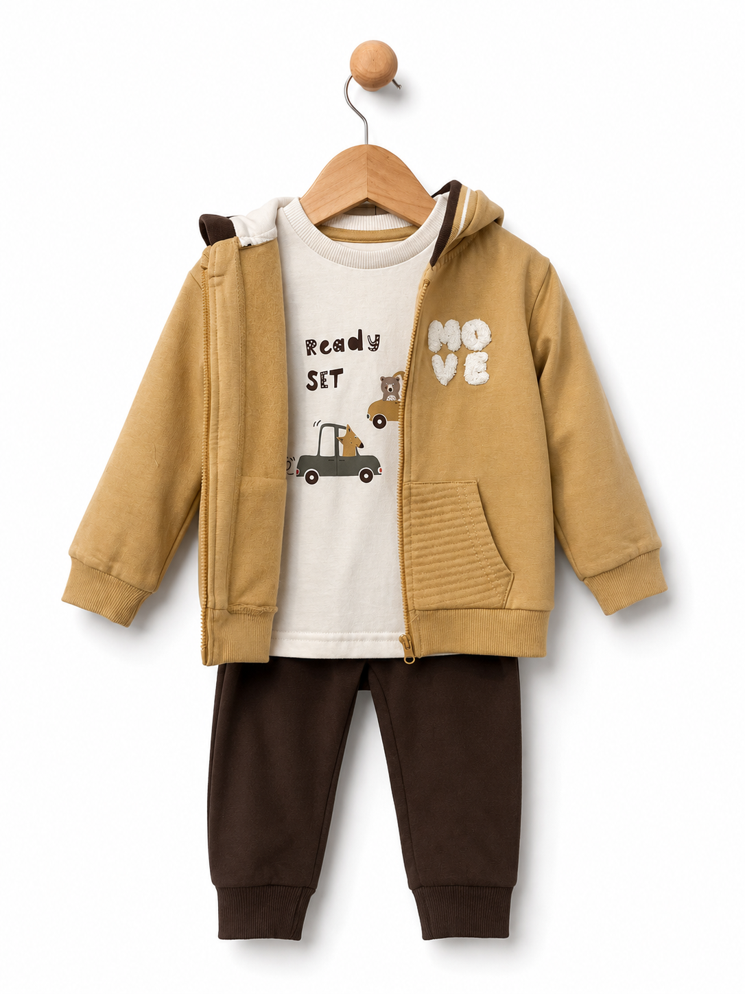 Babybol baby boys mustard hooded jacket, printed top and brown joggers three-piece outfit set
