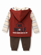 Babybol baby and boys rust three-piece outfit set with hooded gilet, striped top and brown joggers front view