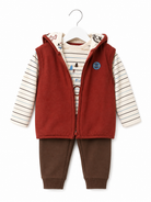 Babybol baby and boys rust three-piece outfit set with hooded gilet, striped top and brown joggers front view