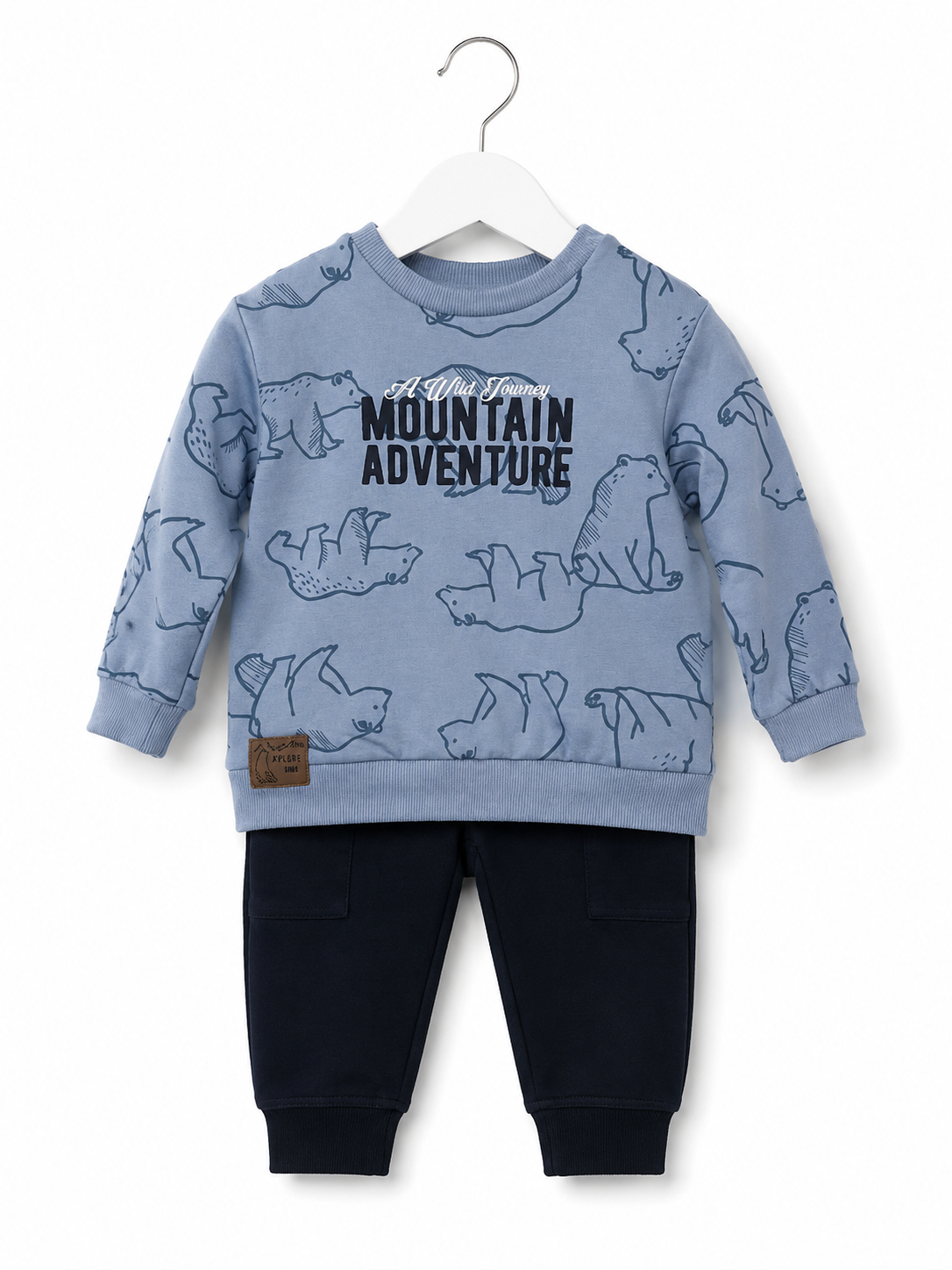Babybol Mountain Adventure baby and boys 2 piece outfit gift set with blue bear print sweatshirt and navy joggers front view