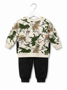 Babybol baby boys dinosaur 2 piece outfit set with cream printed sweatshirt and black joggers front view