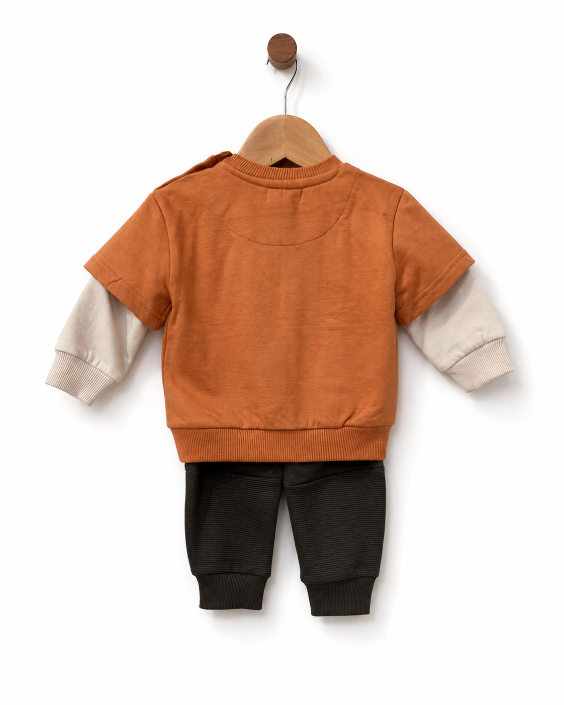 Back view of Babybol baby boys orange sweatshirt and brown cuffed joggers tracksuit set