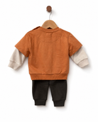 Back view of Babybol baby boys orange sweatshirt and brown cuffed joggers tracksuit set