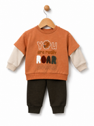 Babybol baby boys orange Roarsome sweatshirt and brown joggers two-piece tracksuit set