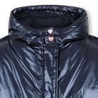 Billieblush navy puffer jacket for girls – close-up of hood and pink heart snap detail