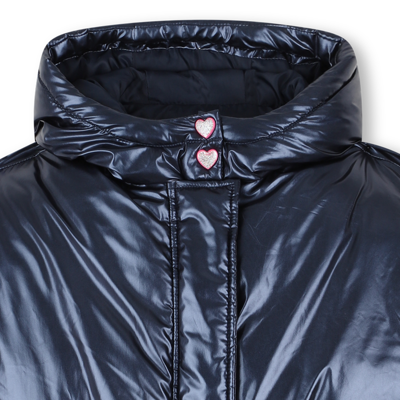 Billieblush navy puffer jacket for girls – close-up of hood and pink heart snap detail