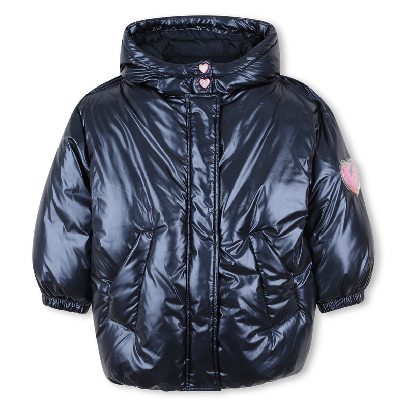 Billieblush girls navy glossy winter puffer jacket with hood – front view