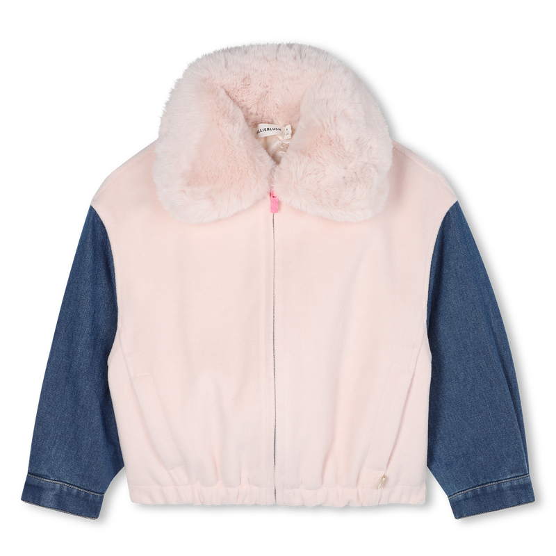 Billieblush girls pink faux fur jacket with denim sleeves — front view