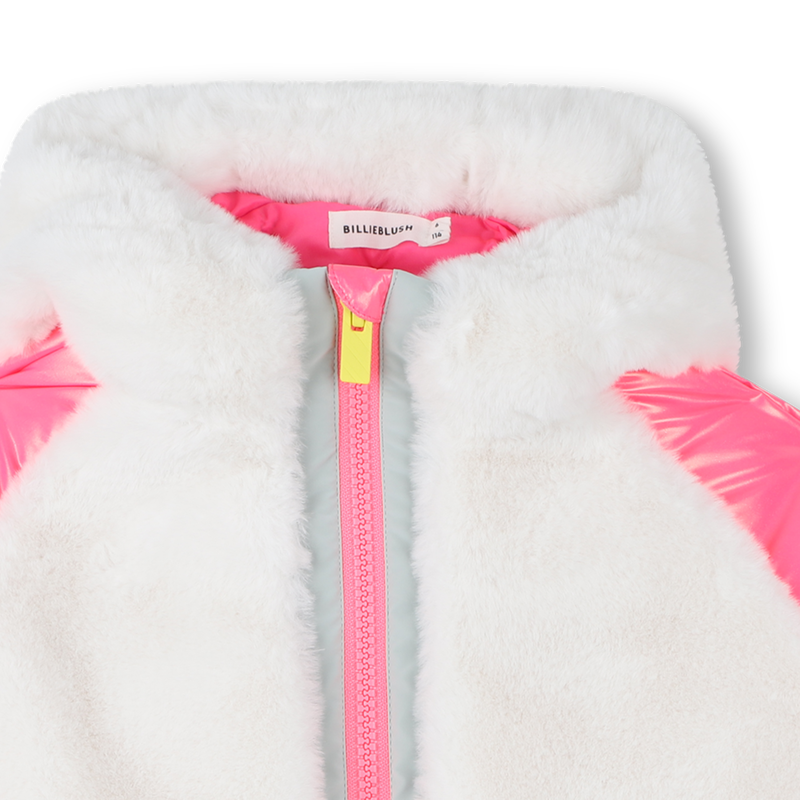 Billieblush girls white and pink fleece zip jacket — close-up of zip and hood