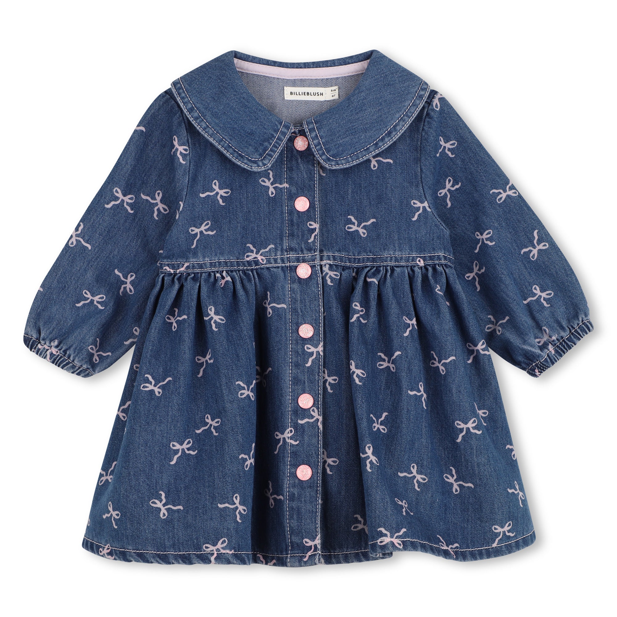 Billieblush girls blue denim dress with pink bow print and long sleeves – front view
