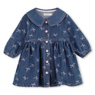 Billieblush girls blue denim dress with pink bow print and long sleeves – front view