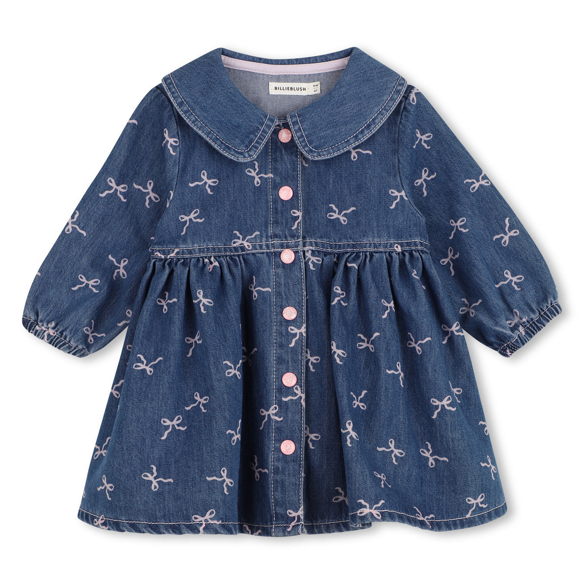 Billieblush girls blue denim dress with pink bow print and long sleeves – front view