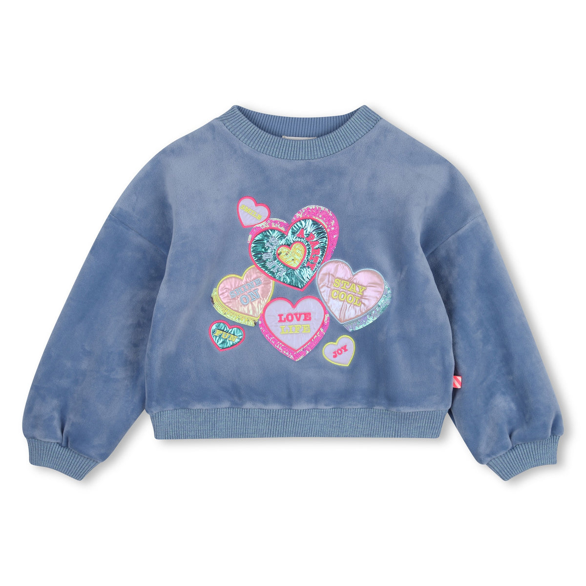 Billieblush girls blue sweatshirt with colourful heart design front view