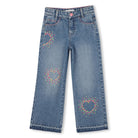 Billieblush girls blue wide leg jeans with colourful heart motifs front view