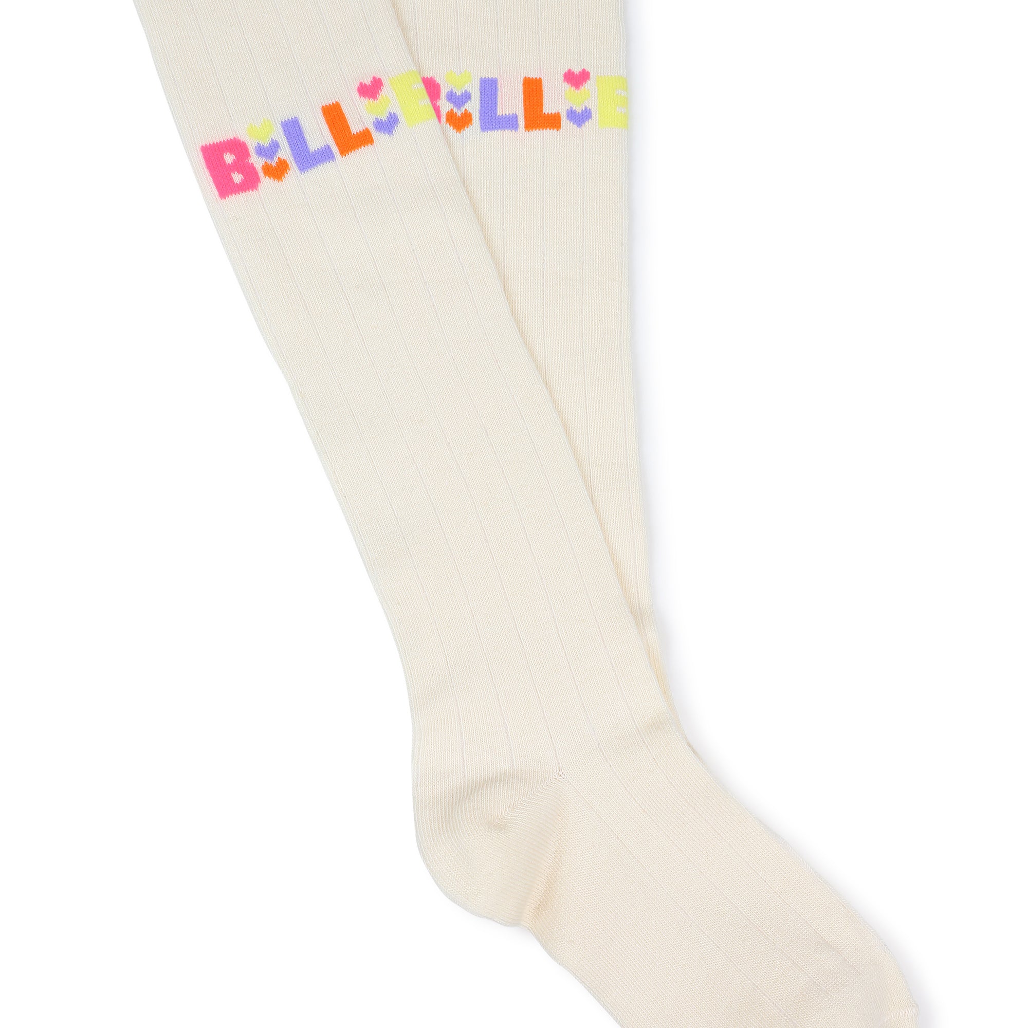 Close-up of Billieblush ivory girls tights with multicoloured logo and heart details