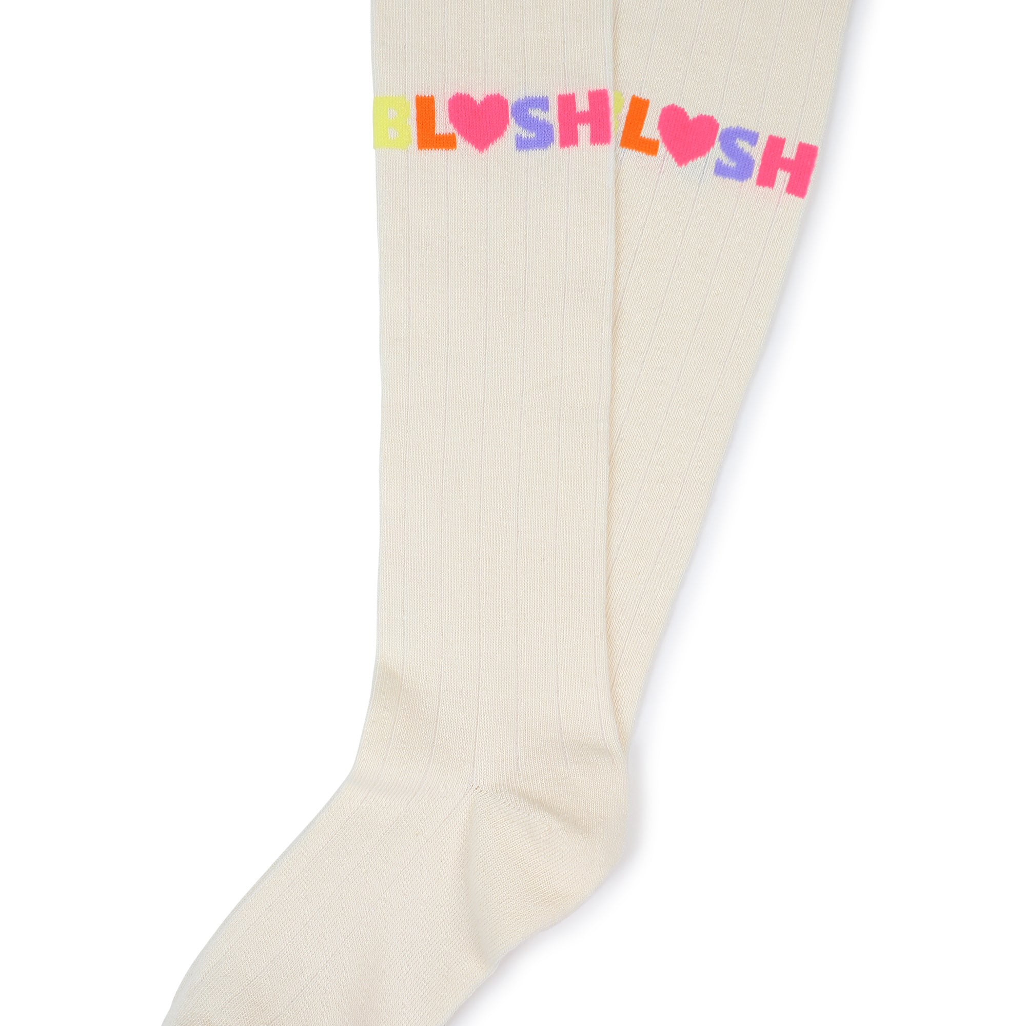 Billieblush girls cream tights showing colourful Billieblush lettering on the legs