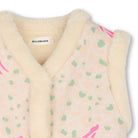 Close-up of Billieblush printed gilet with cream fluffy neckline and pink pattern