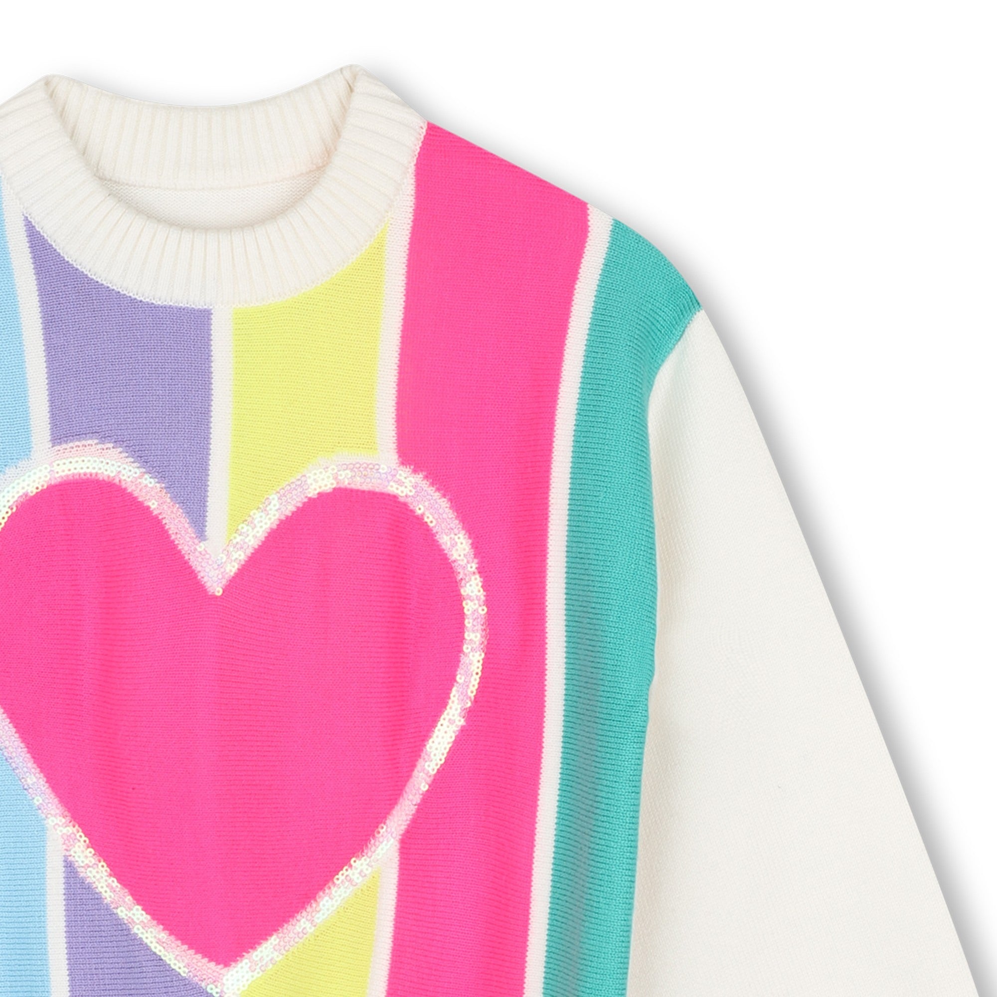 Close-up of Billieblush girls multicoloured knit jumper showing pink heart and colourful stripes