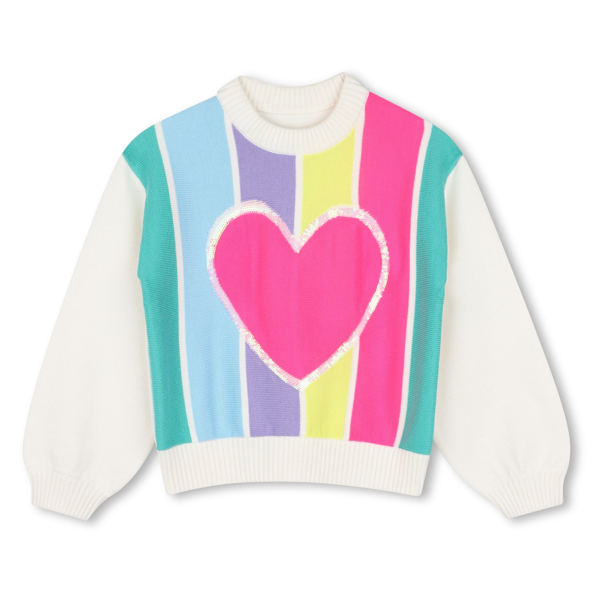 Billieblush girls cream knitted jumper with rainbow stripes and large pink heart – front view