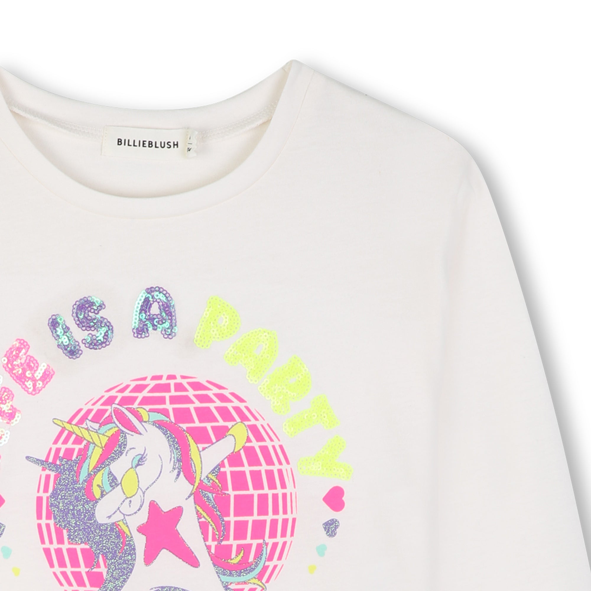 Close-up of Billieblush girls unicorn T-shirt featuring pink disco graphic and colourful lettering