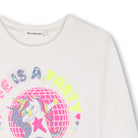 Close-up of Billieblush girls unicorn T-shirt featuring pink disco graphic and colourful lettering