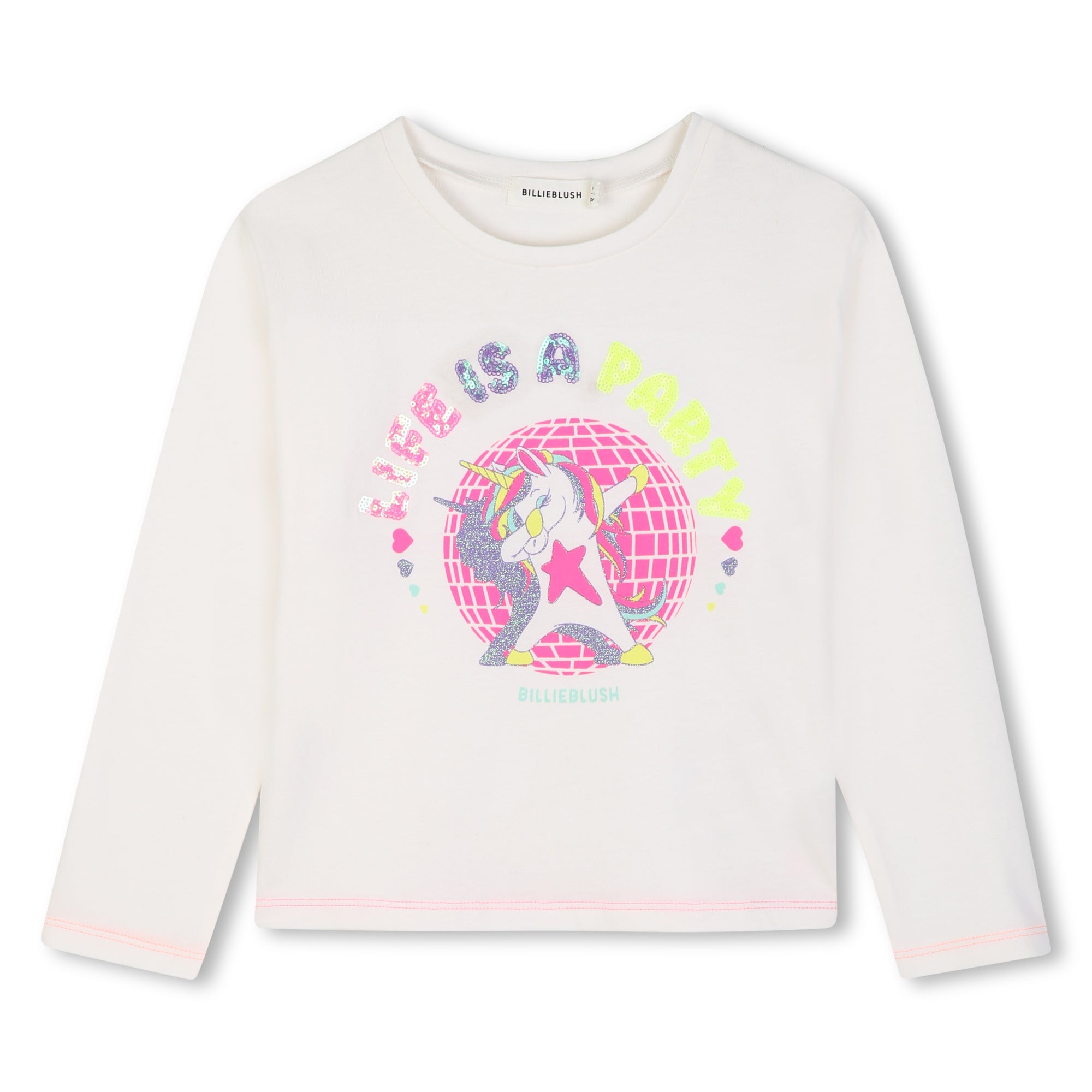 Billieblush girls cream long sleeve cotton T-shirt with colourful unicorn graphic, front view