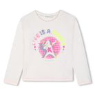 Billieblush girls cream long sleeve cotton T-shirt with colourful unicorn graphic, front view