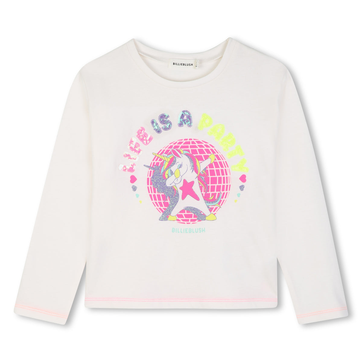 Billieblush girls cream long sleeve cotton T-shirt with colourful unicorn graphic, front view