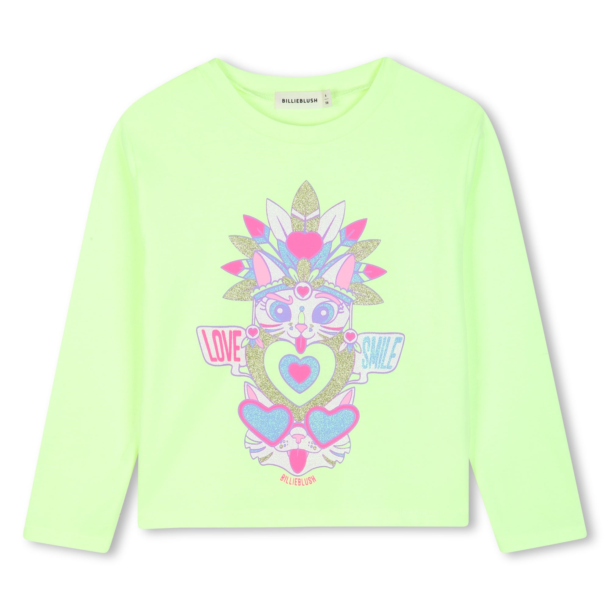 Billieblush girls lime green cotton long sleeve T-shirt with multicoloured heart print