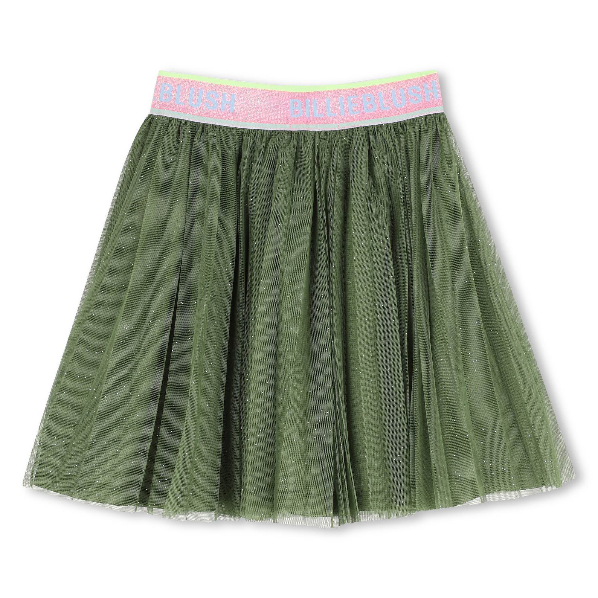 Back view of Billieblush girls green gathered tulle skirt with branded elastic waist