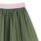 Close-up of Billieblush moss green tulle skirt showing layered mesh and pink Billieblush waistband